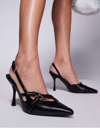 Smooch strappy sling back kitten heeled shoes in black