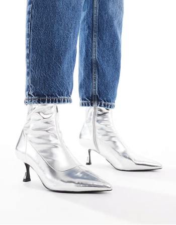 Wide Fit Ryder kitten heel sock boots in silver