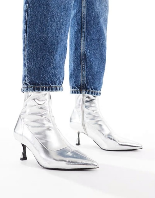 Wide Fit Ryder kitten heel sock boots in silver