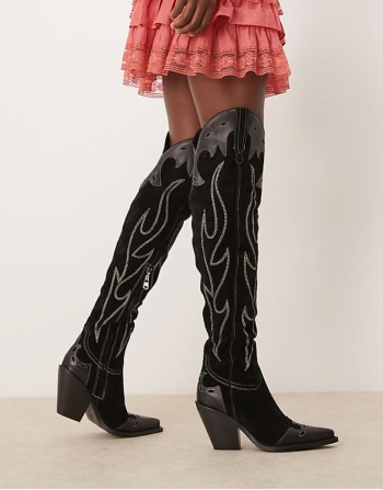 wild west thigh high suede western boots in black