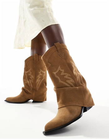 real suede heeled fold over western boot in beige