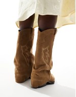 real suede heeled fold over western boot in beige