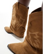 real suede heeled fold over western boot in beige